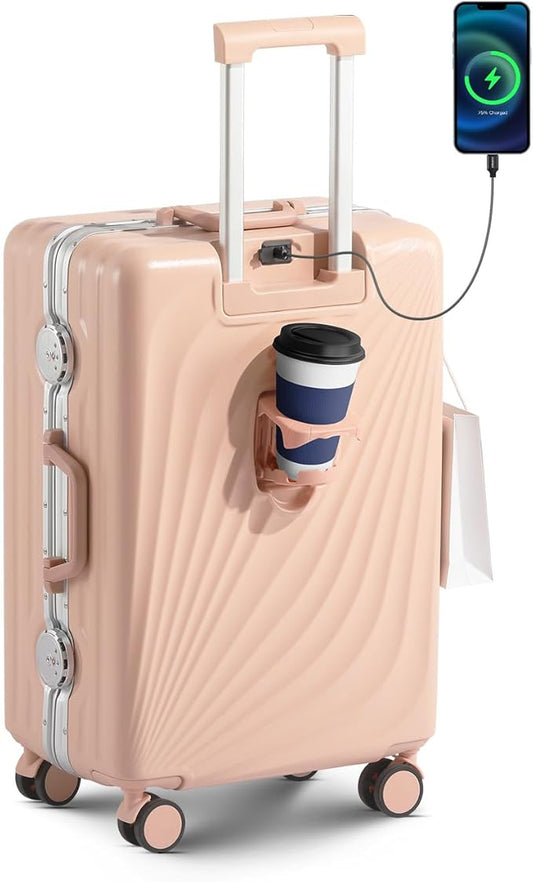 20 Inch Carry On Luggage, Zipperless Luggage with Spinner Wheels, Airline Approved Suitcase with Cup Holder, TSA Lock and USB Charger for Travel, Light Pink