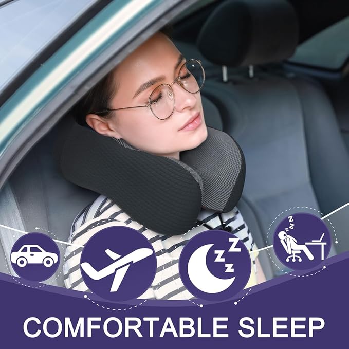 napfun Neck Pillow for Travel with Travel Pouch, Sleep Mask & Earplugs, Memory Foam Airplane Pillow for Headrest Sleep with Eyeshades, Plane Essentials with Eye Blindfold, Black Striped Kit