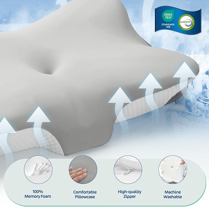 Cervical Pillow for Neck and Shoulder Pain Relief, Ergonomic Memory Foam Contour Pillow with Adjustable Dual Heights, Breathable Pillowcase, Orthopedic Support for Side Back Stomach Sleepers