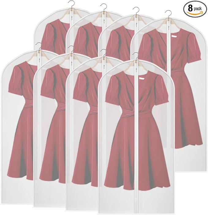 Kntiwiwo Clear Garment Bags for Closet Storage Suit Bag Set of 8 Hanging Clothes Cover Dress Bag Dust-Proof with Zipper for Suit, Coat, Long Dresses Clothes Storage 24” x50”