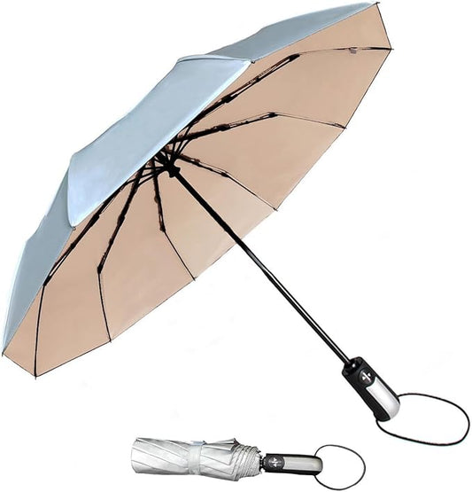 TradMall Travel Umbrella Windproof with 46 Inches Large Canopy 10 Reinforced Fiberglass Ribs Ergonomic Handle Auto Open & Close, Silver/Light Pink