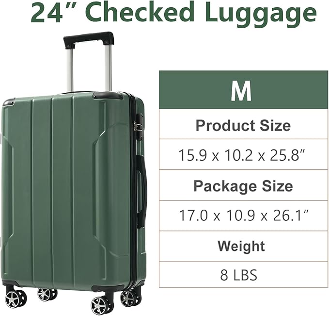 28 Inch Checked-Large Luggage, Lightweight ABS Hard Shell Suitcase with Spinner Wheels, Expandable Travel Luggage with Combination Lock & Side Hooks for Men Women (Green., 24)