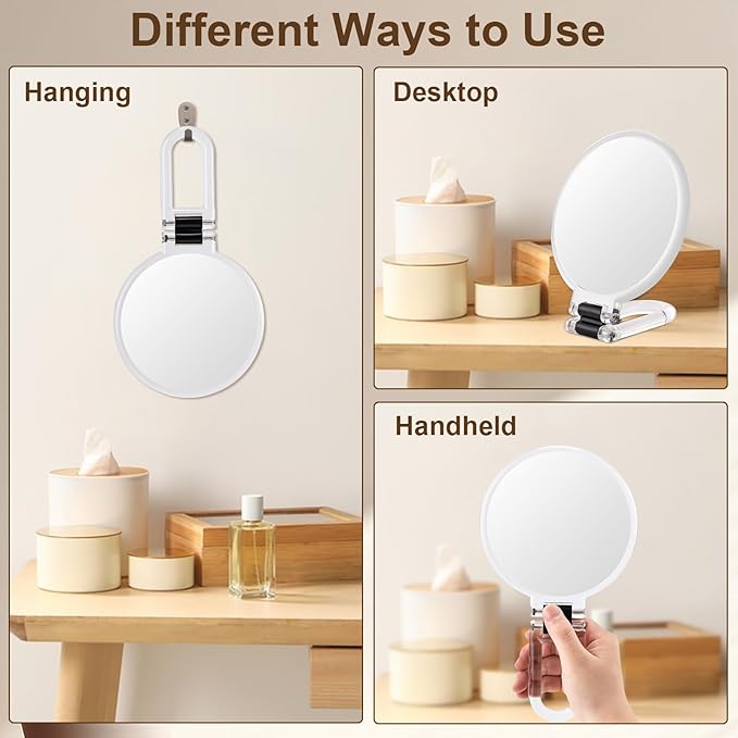 BOOMIBOO 1X/10X Magnifying Handheld Mirror Double Sided, Foldable Travel Makeup Mirror, Adjustable Rotation Pedestal Hand/Hanging/Desk Vanity Mirror-Clear