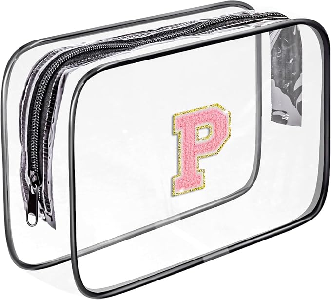 Clear Toiletry Bag,Portable Travel Toiletry Bag,Chenille Letter Cosmetic Bag with Zipper,Waterproof Makeup Bag,Cosmetic Storage Organizer for Women Men,Travel Essentials (Black,P)
