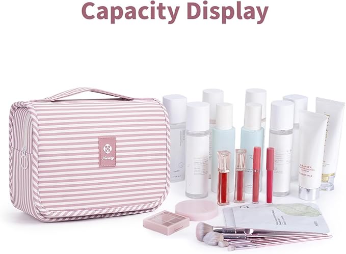 Narwey Small Hanging Toiletry Bag for Travel Women Girl, Striped Toiletries Travel Bag with Hook, Hanging Makeup Bag Organizer Make Up Cosmetic Bags (Dusty Pink Stripe)