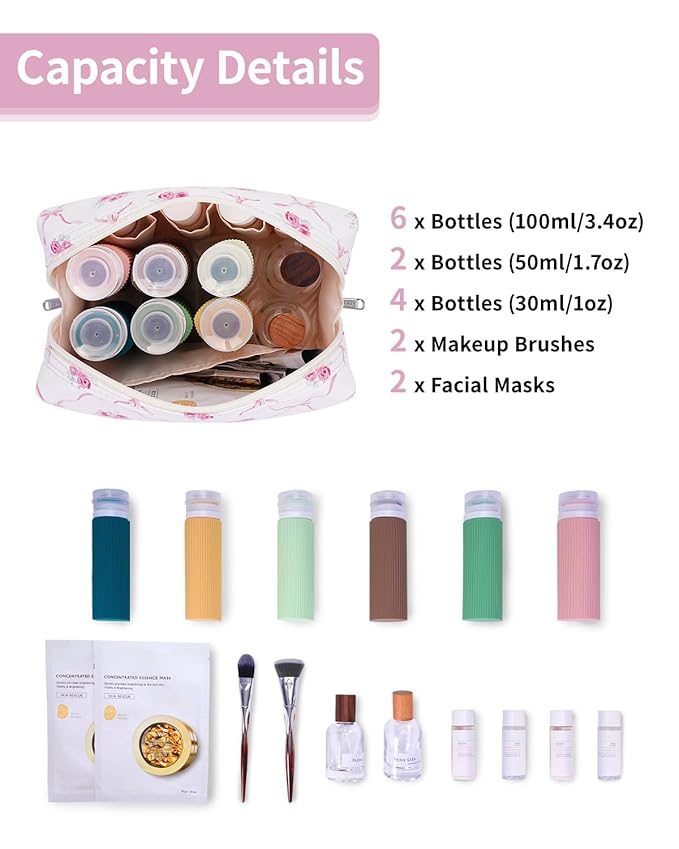 Narwey Makeup Bag Travel Cosmetic Bag Organizer Toiletry Bag Make Up Bags with Compartments for Women Girls (Bowknot and Flower)
