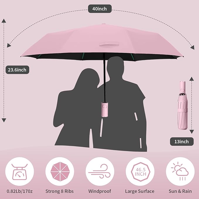 Compact Automatic Folding Travel Umbrella-Windproof Rainproof, PF50+ Sun Protection for Hiking,Outdoor,Chool,Golf Course & Daily Use,Sturdy Multi-Ribbed Frame