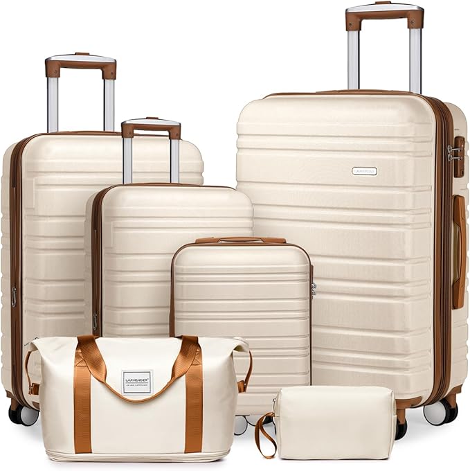 LARVENDER Luggage Sets 6 Piece, Expandable Hardside Carry on Suitcase Set with Spinner Wheels, Lightweight Rolling Luggage Sets for Women with TSA Lock, Cream White