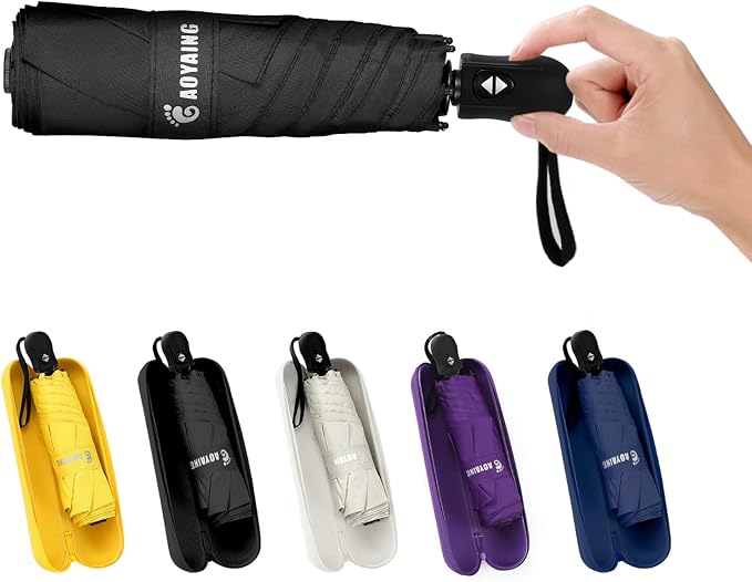 GAOYAING Mini Compact Travel Umbrella with Reflective Safety Stripes, Portable Folding Design with Case