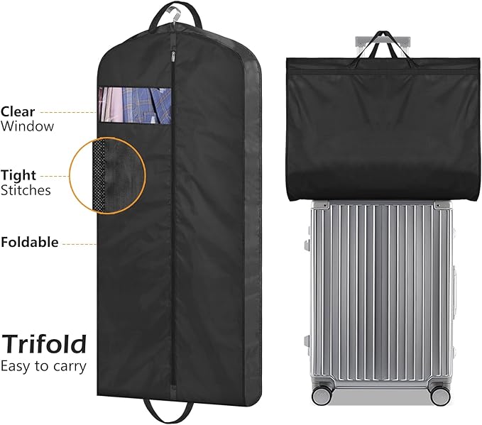 MISSLO 43" Mens Garment Bags for Travel Waterproof Suit Bags for Closet Storage for Shirts, Jackets, Coats, Black, 2 Packs