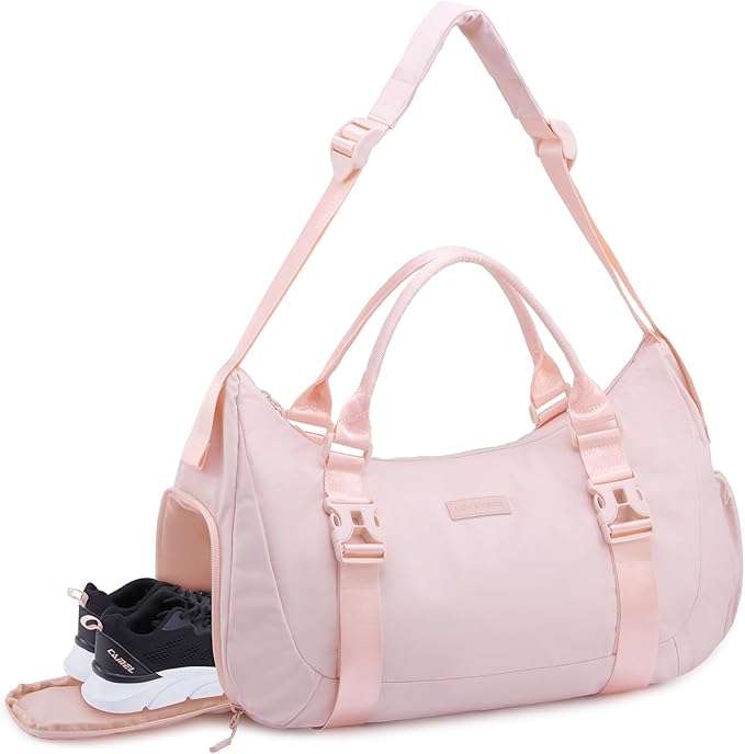 LOVEVOOK Gym Bag for Women Men, duffle bag for travel with shoe compartment, Small Gym Tote Dry Wet Separation, Multipurpose Weekender Overnight Bag, Lightweight Carry On Bag, Light pink