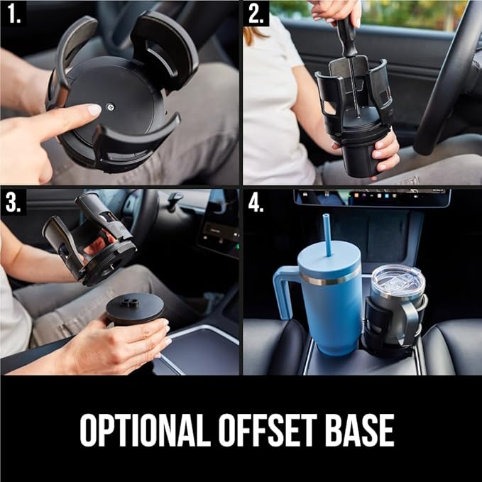 GORILLA GRIP Patent Pending Adjustable Car Cup Holder Expander, 2 PK, Keeps Water Bottle Secure, Expands to Fit 18 to 48 oz Bottles, Yeti, Owala, Stanley with Handle, Coffee Mug Insert for Cars, Black