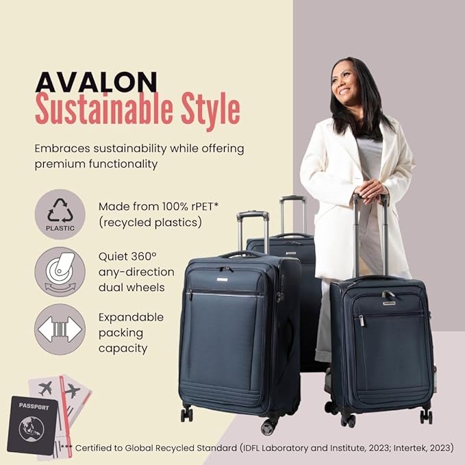 Ricardo Beverly Hills Avalon Softside Carry-On Luggage Made with Sustainable 100% Recycled PET (rPET), Lightweight, Eco-Friendly Travel, Expandable, Dual Spinner Wheels, Storm Blue, 20-inch