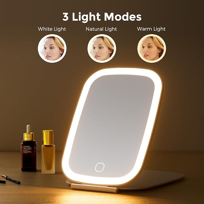 NEZZOE Travel Mirror with LED Light, Rechargeable Portable Lighted Makeup Mirror, 3 Lighting Modes Dimmable Touch Control, Foldable Compact Vanity Mirror for Travel Tabletop, 7x5 Inch
