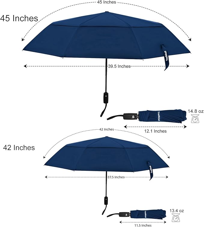 TradMall Travel Umbrella, 42/45 Inches Double Vented Canopy Windproof Automatic Strong Compact Folding Umbrellas for Rain Women and Men