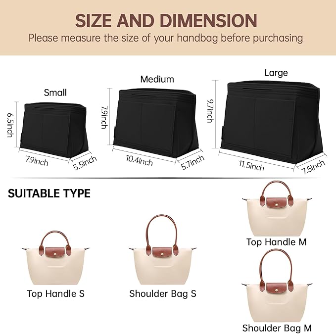 OPPOSHE Purse Organizer Insert for Longchamp Le Pliage, Premium Felt Long Champ Bag Handbag Women, Tote Organizer Insert with 9 Compartments (Large, Black)