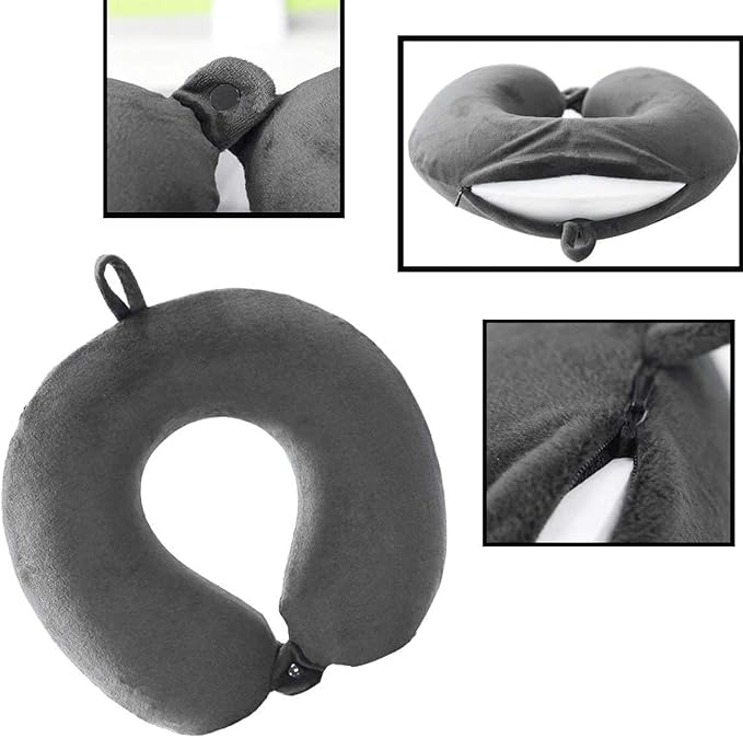 Travel Pillow, 100% Pure Memory Foam Neck Pillow, Suitable for Airplanes, Cars, Trains, Office Naps, Home Lounge Chairs, Removable and Washable Pillow Cover (Gray)