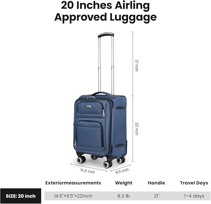20'' Carry on Luggage,Softside Suitcase w/Combination LOCK,Expandable 15% Luggage w/Double Spinner Wheels,Lightweight Rolling Suitcases for Men/Women（Blue,20in）