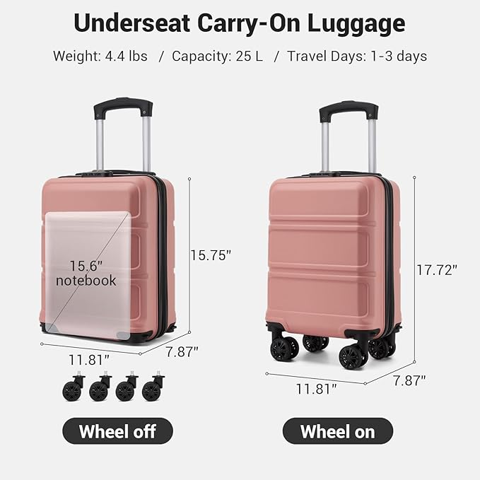 Kono 15'' Underseat Carry On Luggage Airline Approved, Anti-Scratch PC+ABS Hardshell Carry on Suitcase with Smooth Spinner Wheel, Lightweight Overnight Carry on for Short Travel, Nude/Rose Pink