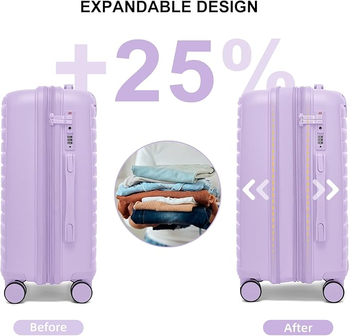 LARVENDER Luggage Sets 3 Piece, Expandable Hardside PP Carry On Luggage Suitcase with 360° Spinner Wheels TSA Lock Suitcase Set for Women Men, Lavender