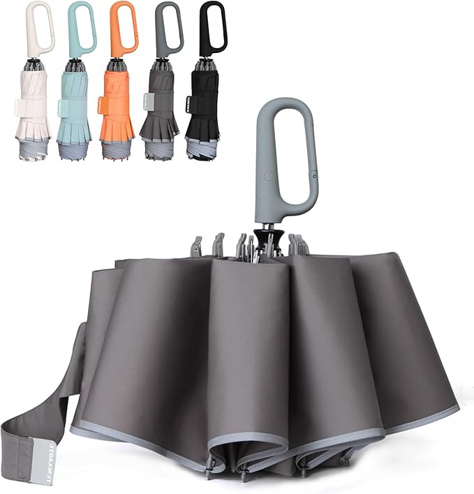QWB TUMAAOTU Inverted Umbrella with Carabiner Handle, Compact Wind Proof Umbrellas For Rain and Sun Protection, Portable Reverse Folding Umbrella, Car Umbrella for Women Men, 10 Ribs
