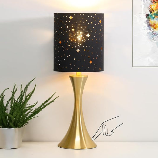 Touch Table Lamp,3 Way Dimmable Gold Bedside Lamp with Black Star Shade | Touch Control Nightstand Lamp, Decorative Ambient Bedside Light for Living Room, Bedroom, Dorm, Office, LED Bulb Included