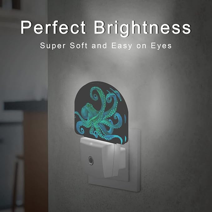Green Octopus Night Light,Fish Sea Life Plug-in Wall Led Night Lights Decor for Boys Girls Room,Dusk to Dawn Sensor Wall Lamp for Stairway/Hallway/Kitchen,0.5W