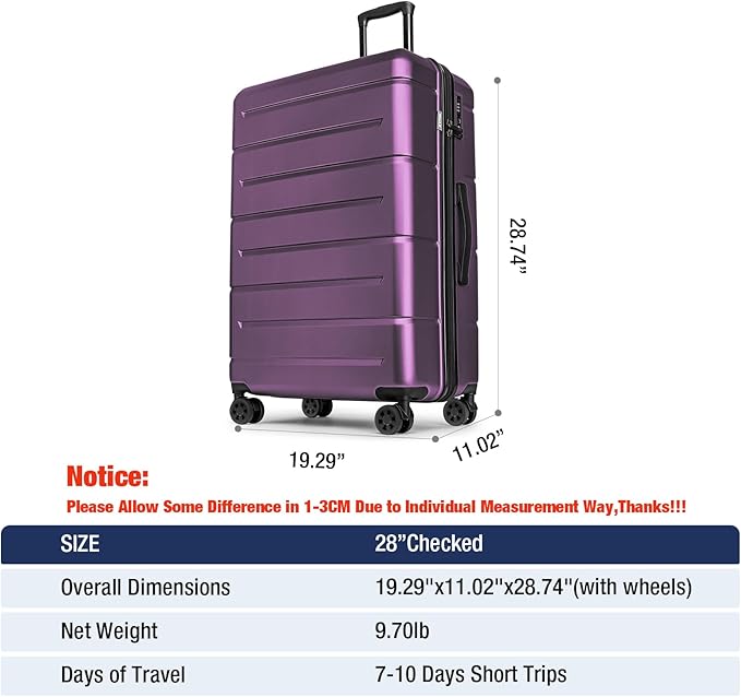 KYME Large Suitcases with Wheels Hardshell 28 Inch Luggage TSA Approved Big Checked Luggage Durable Travel Rolling Suitcase for Women Dark Purple