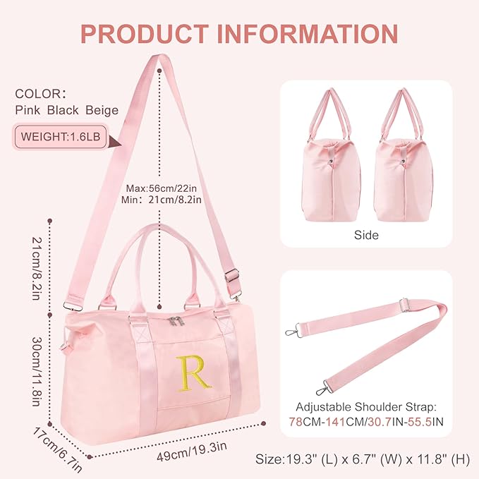 Personalized Initial Gym Dance Bag, Travel Duffel Bag for Teen Girls, Carry On Bag Overnight Weekender Bag with Trolley Sleeve, Birthday Gifts for Women Mom Daughter Graduation Gift(Letter R, Pink)