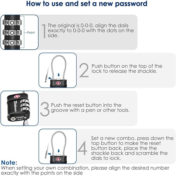 4 Pack TSA Approved Luggage Locks, Combination Travel Cable Lock, 3-Digit Waterproof Padlock, Zinc Alloy Outdoor Keyless Resettable Lock for Travel, Lockers, Bags, Backpack, Gym, Gate-by BRILLIRARE