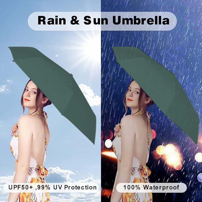 ESUFEIR Mini Sun Umbrella for Purse With Case, Small Compact UV Umbrella Travel Essentials, Lightweight Portable Parasol Windproof for Women Men Kids (Dark green)
