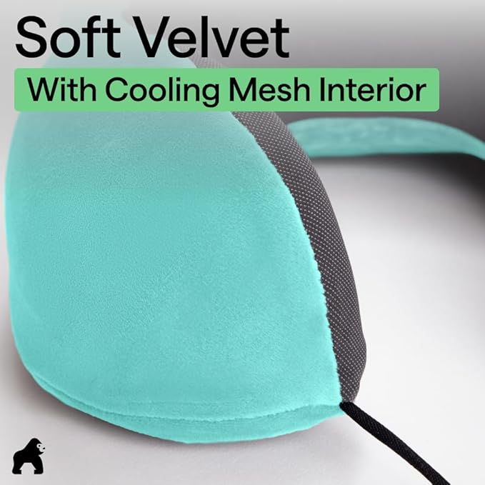 GORILLA GRIP Adjustable Travel Neck Pillow for Airplanes, CertiPUR-US® Memory Foam, Soft Velvet, Cooling Mesh Pillows, Support Headrest for Sleeping, Traveling Essentials, Flight Accessories Turquoise