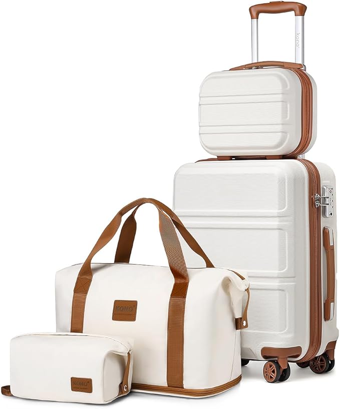 Kono Luggage Set 4 Piece Carry On Hardside Luggage with TSA Lock Spinner Wheels Lightweight PC+ABS Carry On Suitcase Cream White