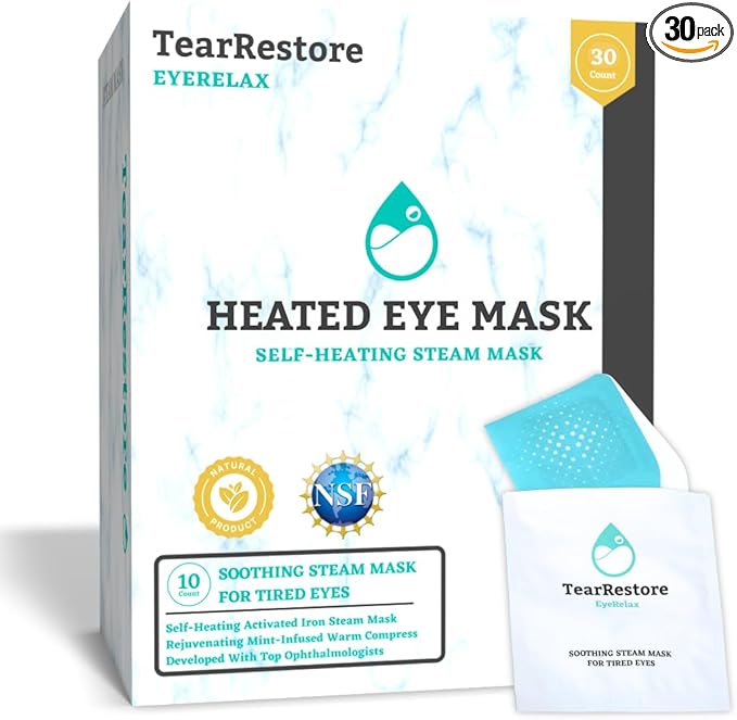 TearRestore EyeRelax Heated Eye Mask for Dry Eye & Stye Relief, Self-Heating Warm Compress with Moist Heat, Mint-Infused Steam Mask for Dry Eyes, Blepharitis Relief & Overnight Comfort (30 Count)