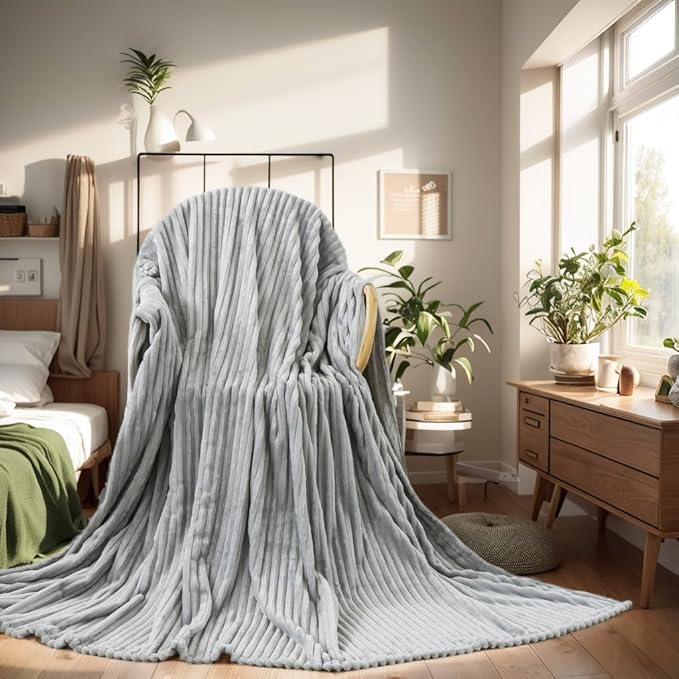 Cuddly King Size Fleece Blanket - Warm and Soft With Striped Pattern for King Calking Bed, 90x108 Inches, Ash Grey