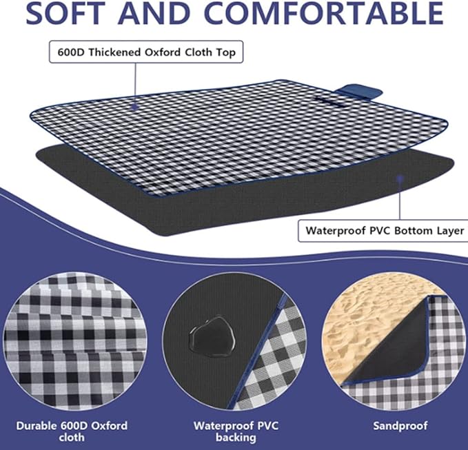 Picnic Beach Blanket, Picnic Mat 80x60in Waterproof Foldable, Family Mat, Portable Large Picnic Blankets for Travel, Hiking, Music Festival