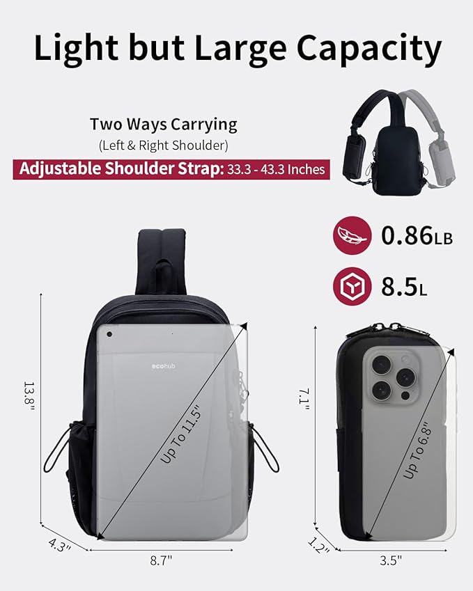ECOHUB Anti-Theft Crossbody Bag Men Women, RFID Blocking Lightweight Sling Backpack Eco-Friendly with 9 Pockets Sturdy SBS Zippers Water Resistant for Travel Work Hiking Outdoor, Black