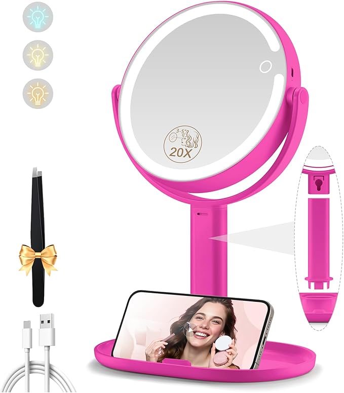 MOMOKUBA Makeup Mirror with Lights, Double Sided 1x/20x Magnifying Mirror with Light, Rechargeable 3 Color Lights and Adjustable Brightness, 360° Rotation Detachable Comes with Tweezer(Hotpink)