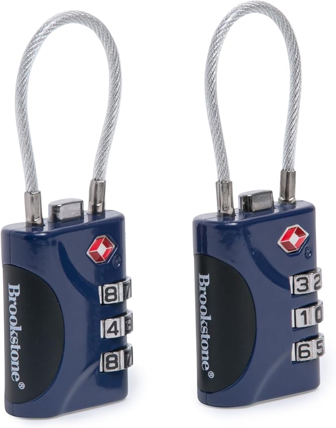 Brookstone Cable Lock - 2 Pack TSA-Approved 3-Digit Keyless Luggage Travel Lock - Resettable Combination Wire Padlock, Blue