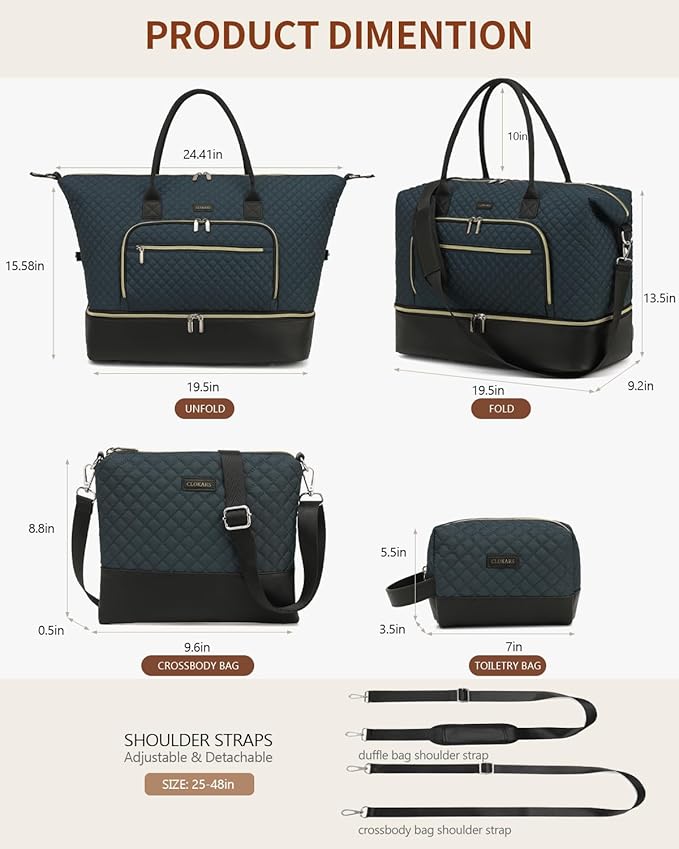 Duffle Bag for Women Travel, Weekender Bag Overnight Bag with Shoe Compartment, Carry on Bag with Crossbody Purse for Over Night, Weekend, Yoga, Gym, Business Trips, Hospital, PeacockBlue Black