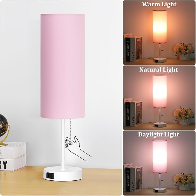 Dott Arts 18" Table Lamp for Bedroom, 3-Color Bedside Lamps with Pull Chain | Bedroom Table Lamps for Nightstand,AC Outlet Small Lamp for Living Room, Bulb Included Pink