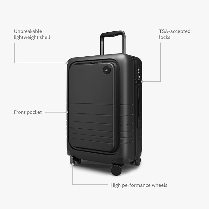 Monos Carry-On Pro Plus Luggage (23"), Hardside Spinner Suitcase with TSA Lock & Front Pocket, Airline Approved, Midnight Black