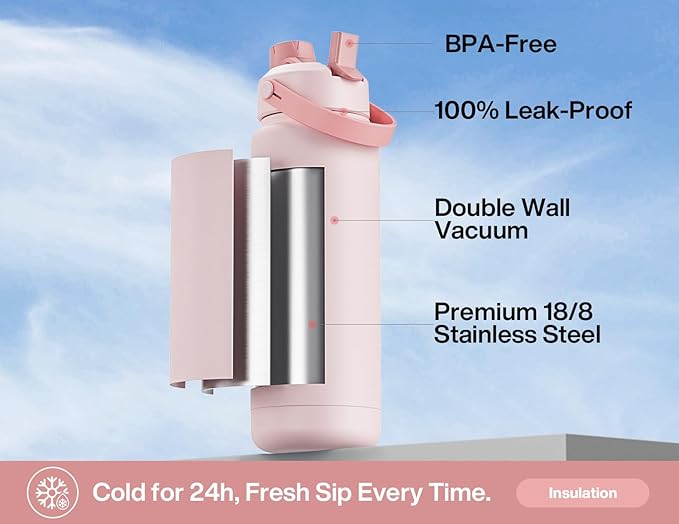 POWCAN 32 oz Insulated Water Bottle with 2-in-1 Straw and Spout Lid, Keep Cold 24H, Leak-Proof, BPA-Free, Double Wall Stainless Steel Water Bottle for Sports, Gym, Travel, Gift, School (Bow Crush)