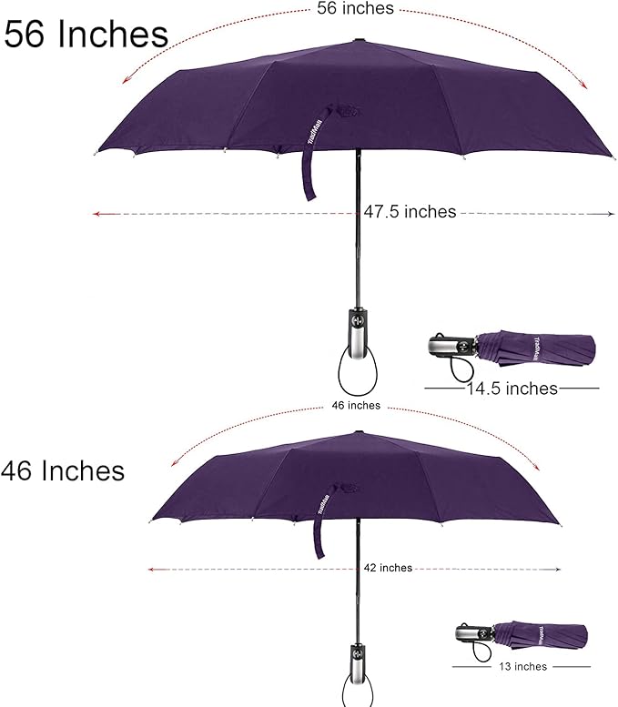 TradMall Travel Umbrella Windproof with 46 Inches Large Canopy 10 Reinforced Fiberglass Ribs Ergonomic Handle Auto Open & Close, Purple