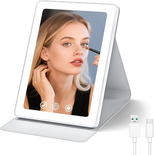 Travel Makeup Mirror, Portable LED Lighted Makeup Mirror, Rechargeable 1800mAh Battery, 2 Light Settings, USB-Powered Travel Vanity Mirror