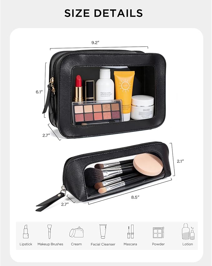 LETGO 2Pack Clear Makeup Bags, Portable Clear Makeup Brushes Bag Case Travel Car Accessories Essentials,Slim Makeup Pouch for Purse for Women (2Pack-Black Set)
