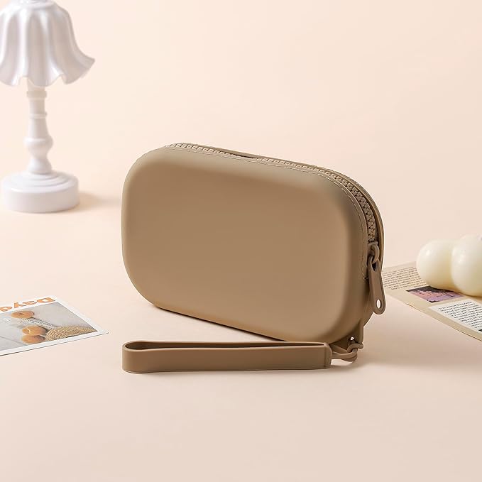 Small Silicone Multifunctional Essential Bag Portable Travel Makeup Bag for Women Men Cards Cash Bag Zipper Pouch (Khaki)