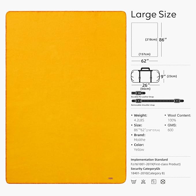 100% Wool Blanket, 62" x 86", Warm, Thick, Washable, Military Wool Blanket, Great for Camping, Outdoors, Sporting Events, Survival Kits, Yellow