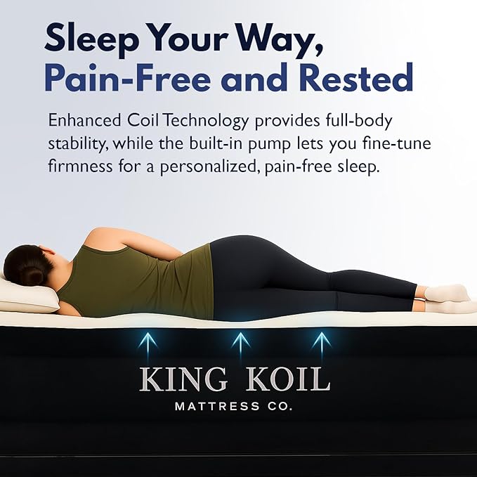 King Koil Full Size Plush Pillow Top Inflatable Air Mattress with Built-in Pump High-Speed Pump for Home, Camping, Guests, Luxury Double High Adjustable Blow Up Bed, Waterproof, 1-Year Warranty.