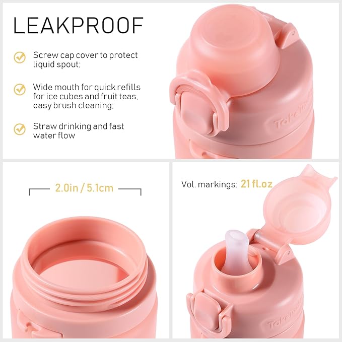 TakeToday Collapsible Water Bottles 21oz (600mL), Foldable Platinum Silicone Travel Water Bottle with Straw & Carry Strap, Leak-Resistant Screw Lid, Wide Mouth, BPA-Free for Hiking, Camping, Travel